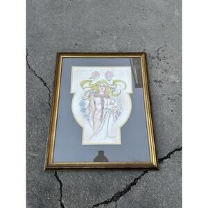 1980 SIGNED ORIGINAL Art Nouveau Pin Up Gold Framed Print Rare Pen Paper Paint